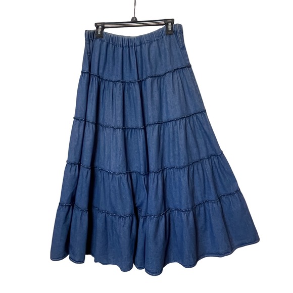 Denim Tiered Skirt Long Maxi XL Elastic Waist Boho Cottagecore Western Y2K Vtg - Picture 1 of 10
